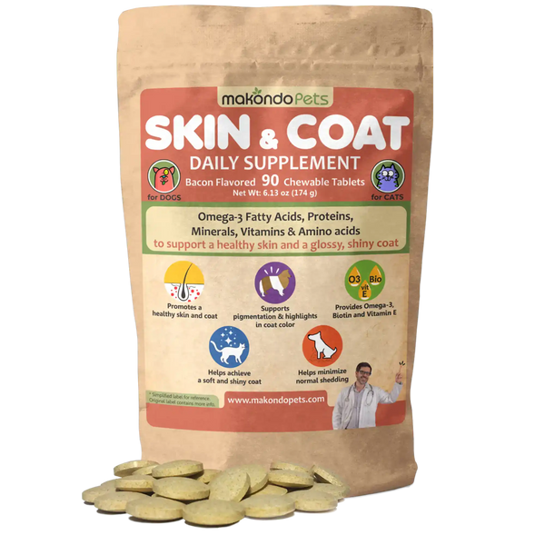 Bag of bacon-flavored skin and coat supplements for dogs and cats.