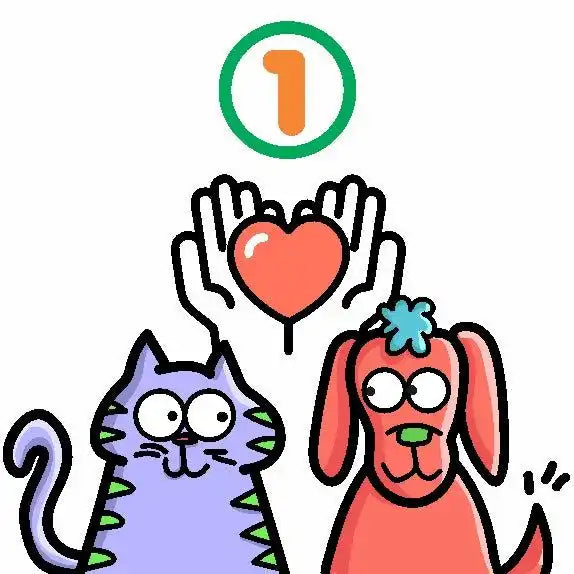 Cartoon cat, dog, heart, and hands.