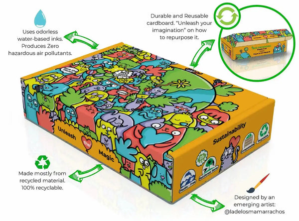 Colorful cardboard box with sustainability claims.