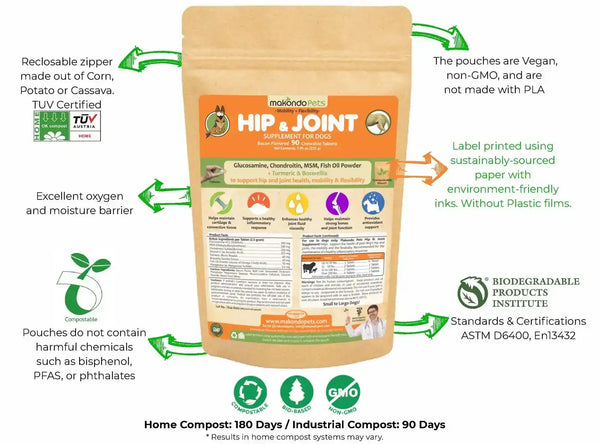 Eco-friendly dog hip and joint supplement packaging.