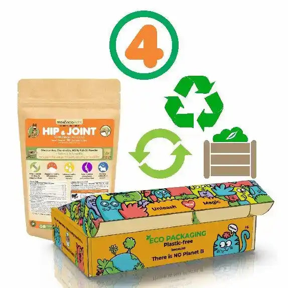 Pet supplement and eco-friendly packaging.