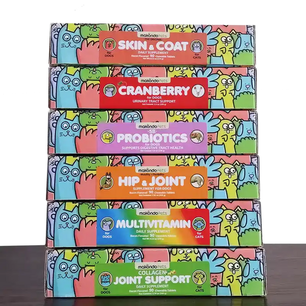 Stacked boxes of pet supplements.
