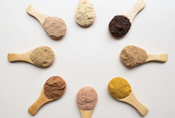 Wooden spoons filled with various colored powders.