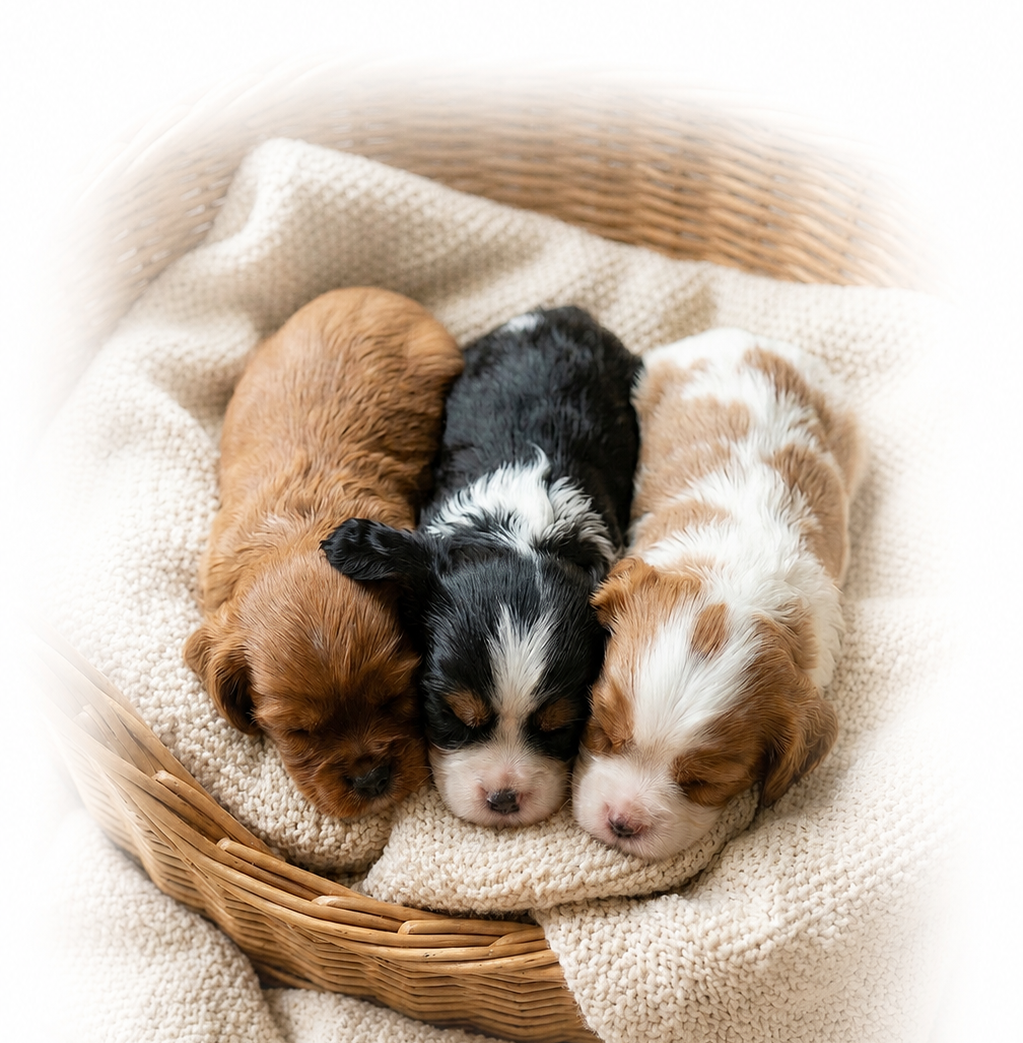 Three puppies in a wicker basket wrapped in a blanket