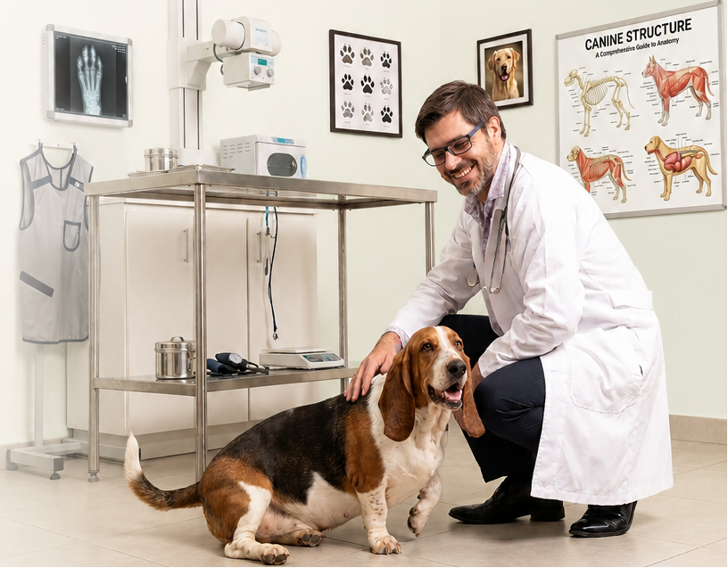 Veterinarian examining a dog in a clinic setting