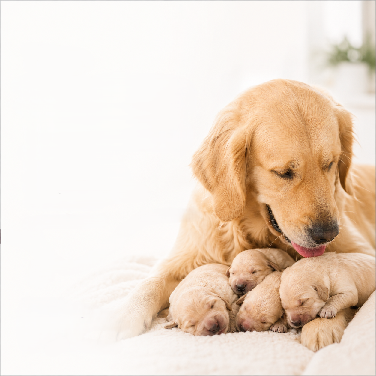 Mother dog resting with her newborn puppies