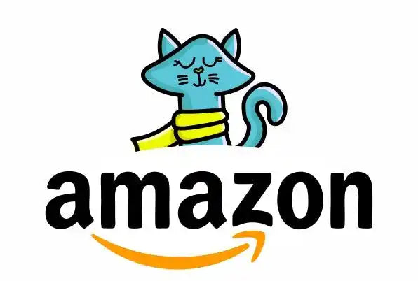 Amazon logo with a blue cat wearing a yellow scarf.