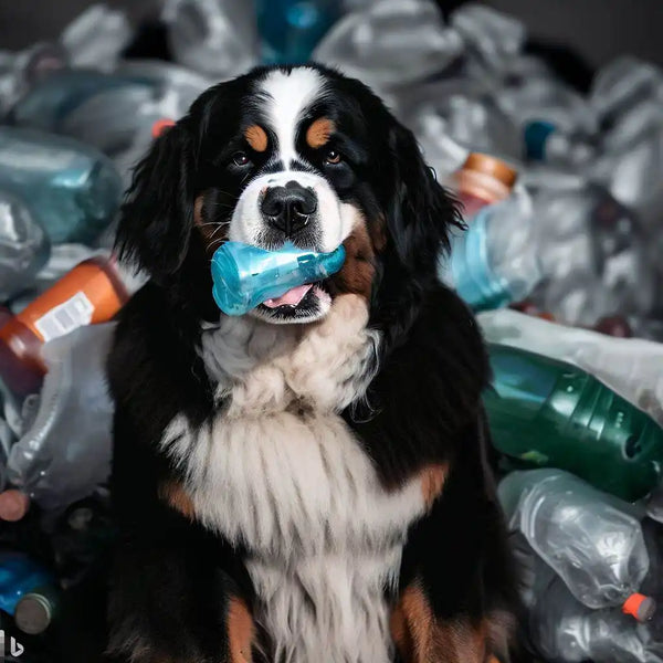 Bernese Mountain Dog holding a blue plastic bottle.