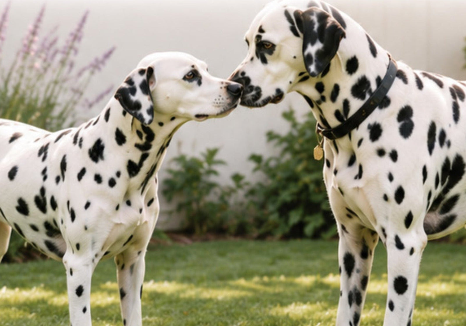 Two Dalmatian dogs interacting with each other outdoors.