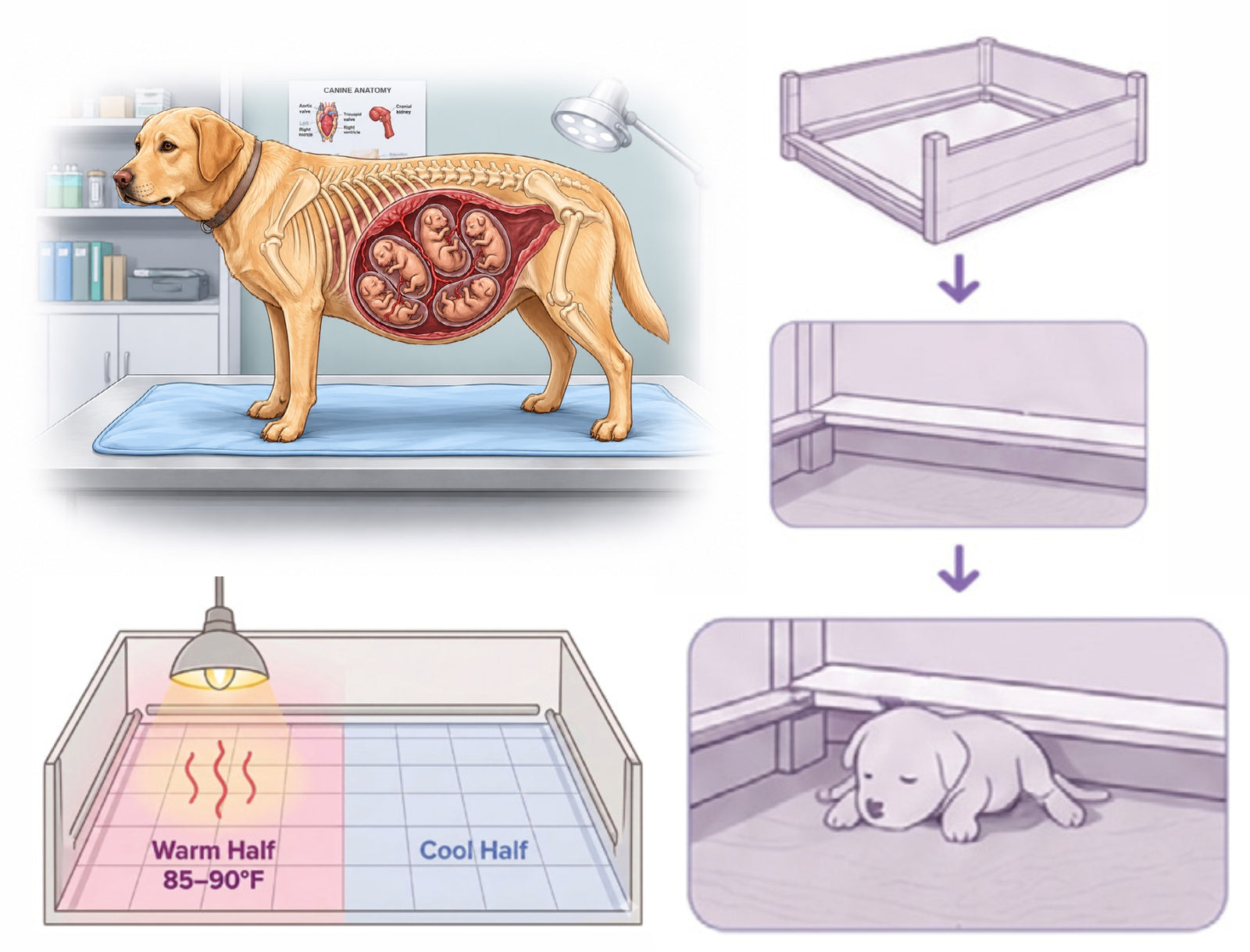 Safe warm whelping box prepared for a mother dog and puppies