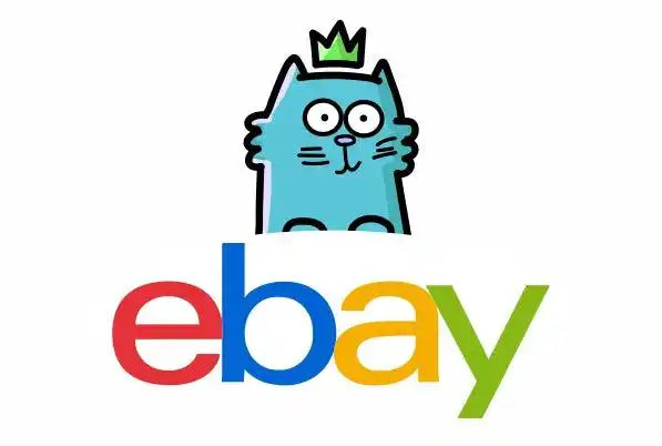 Cartoon cat above eBay logo.