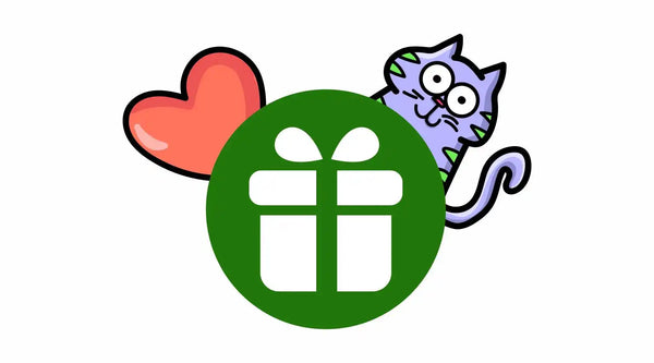 Cartoon gift with cat and heart.