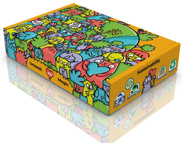 Colorful, illustrated cardboard box.