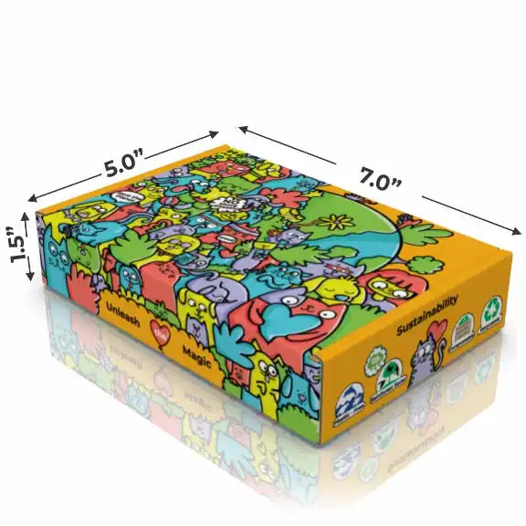 Colorful rectangular box with dimensions.