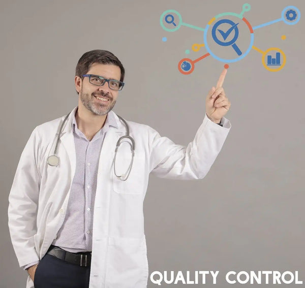 Smiling doctor pointing at quality control graphic.