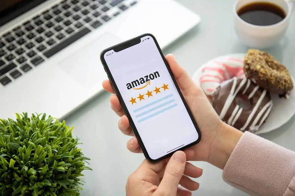 Smartphone displaying Amazon’s five-star rating.